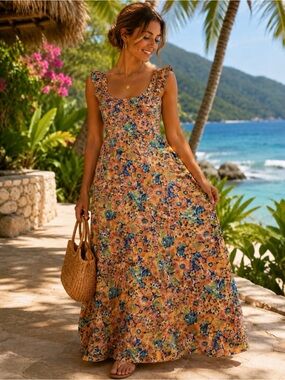 Vtg Floral Maxi Dress Ruffle Sleeves Vintage Hawaiian Muumuu Hukilau Fashions